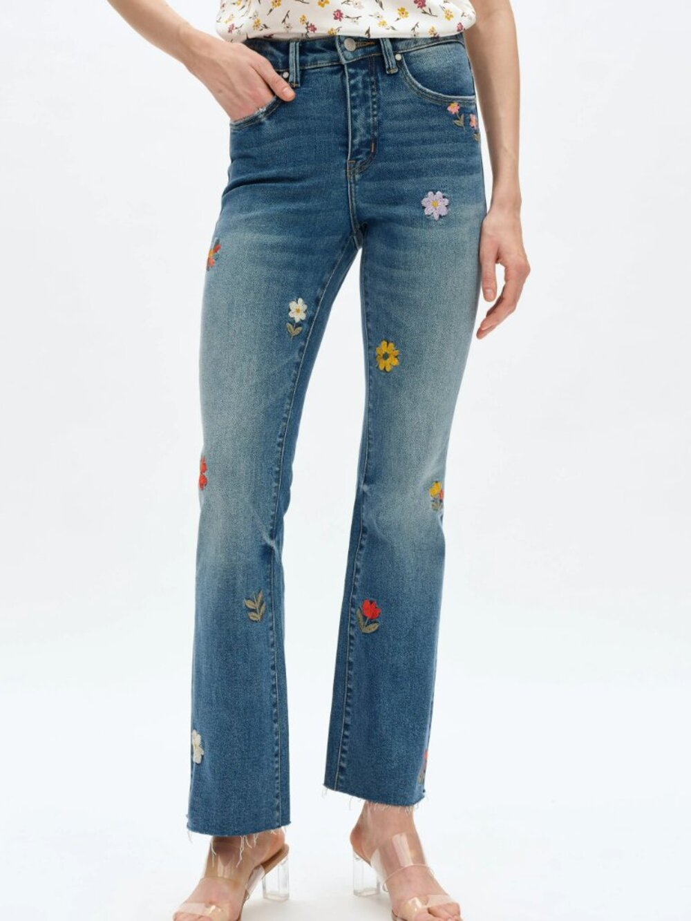 NWT Bayeas Flora Flower Child Mid Rise Embroidered Flare Jeans - Picture 4 of 9